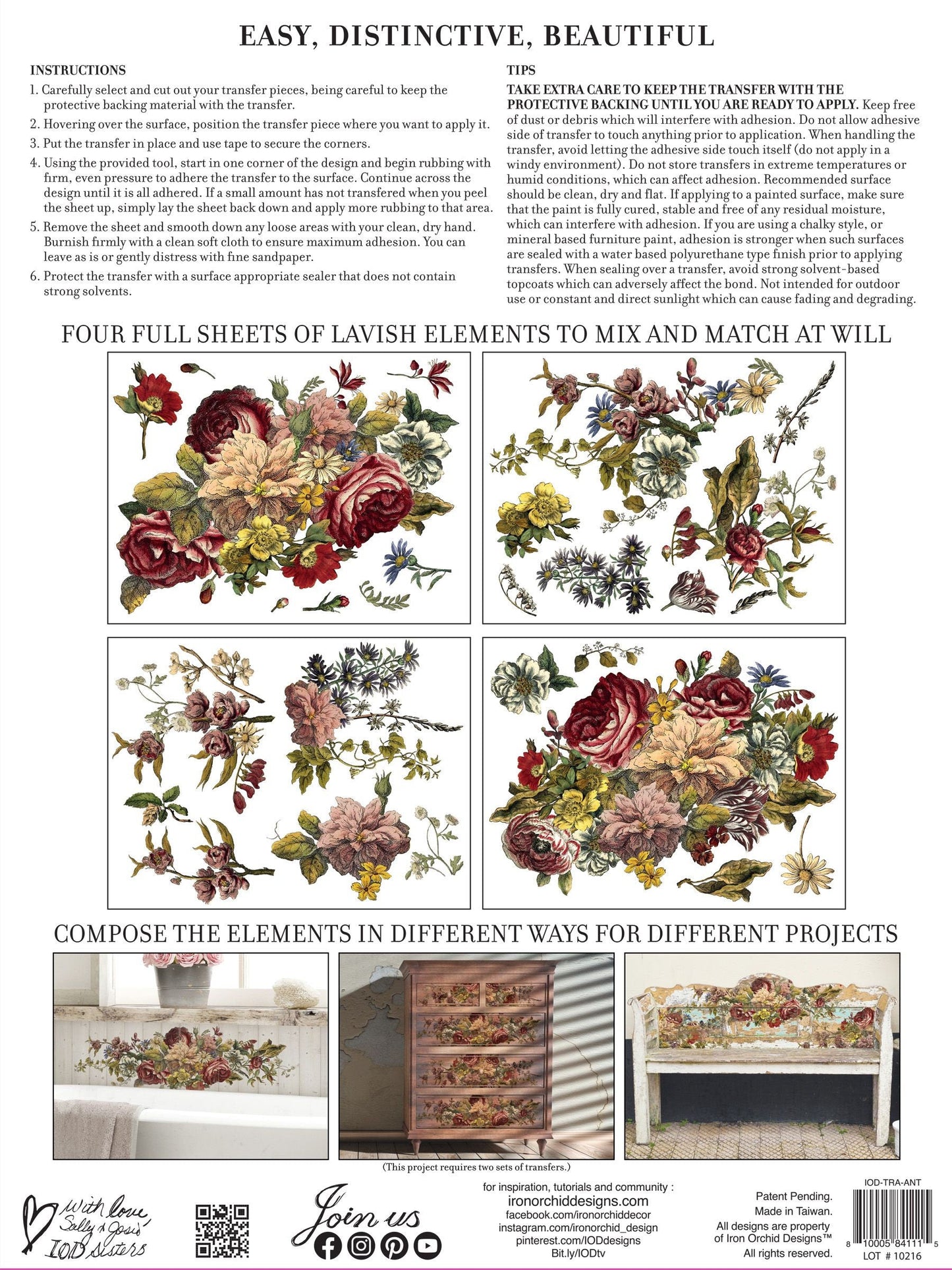 Floral Anthology IOD Transfer Pad with (4) 12 X 16 Sheets by Iron Orchid Designs Rub-On Furniture Transfer Decal