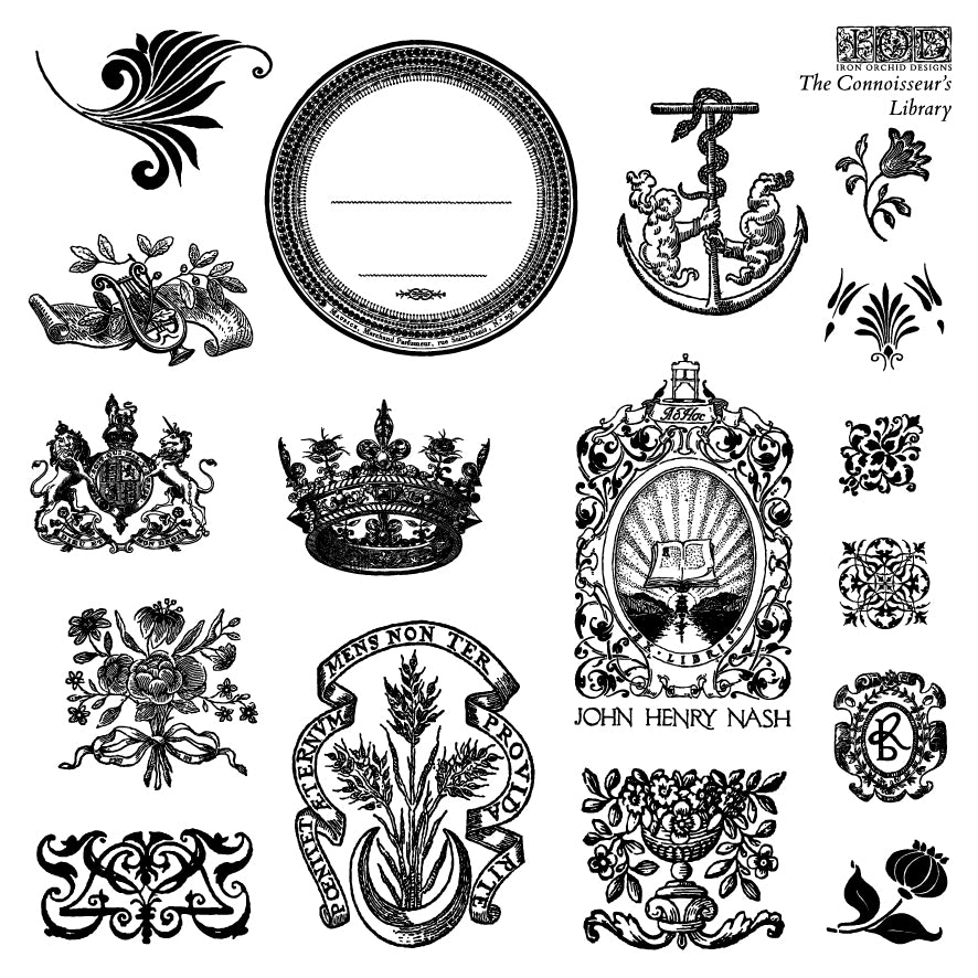 The Connoisseur’s Library IOD stamp 4 sheets 6 X 6 - by Iron Orchid Designs