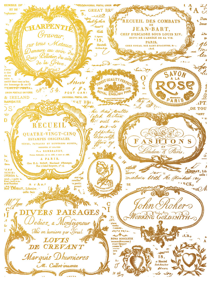 Étiquettes IOD Gold Foil Transfer Pad with (4) 12 X 16 Sheets by Iron Orchid Designs Rub-On Furniture Transfer Decal
