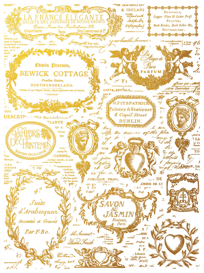 Étiquettes IOD Gold Foil Transfer Pad with (4) 12 X 16 Sheets by Iron Orchid Designs Rub-On Furniture Transfer Decal