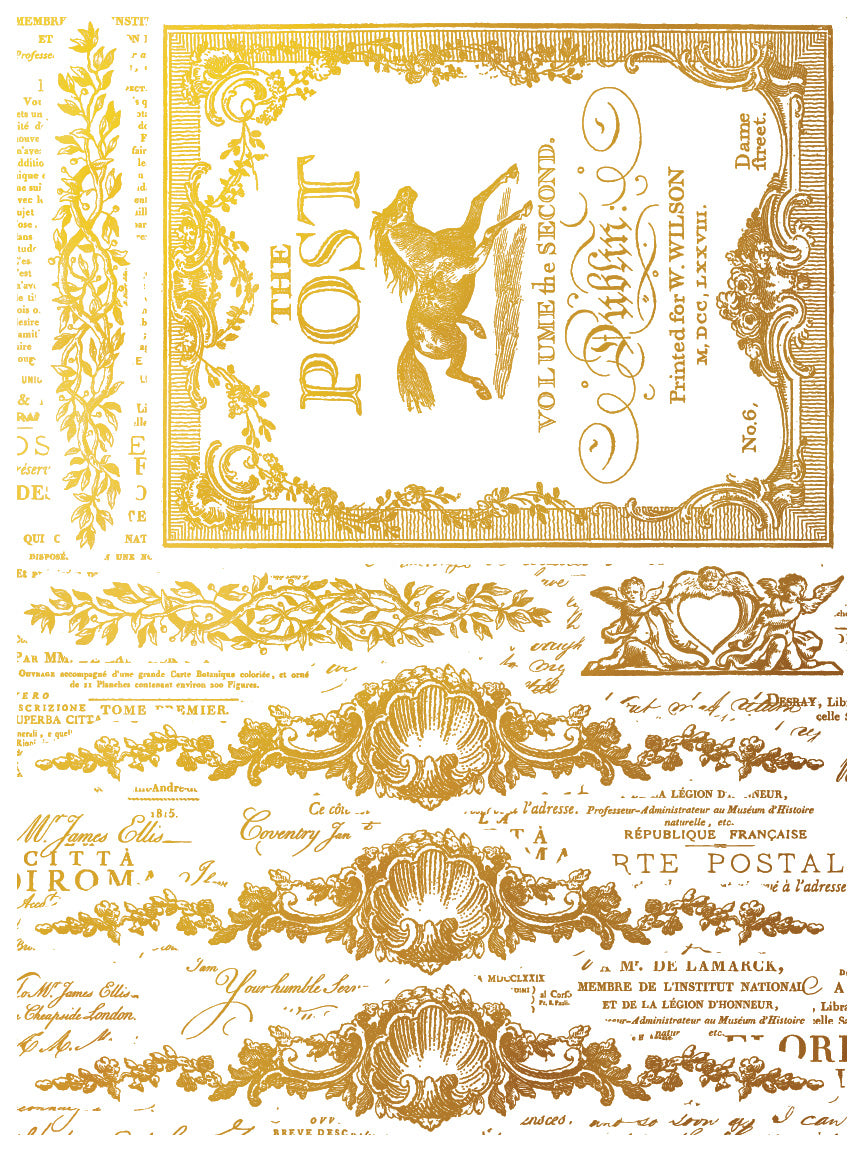 Étiquettes IOD Gold Foil Transfer Pad with (4) 12 X 16 Sheets by Iron Orchid Designs Rub-On Furniture Transfer Decal