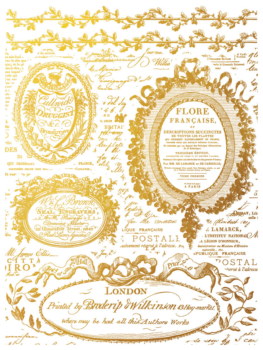 Étiquettes IOD Gold Foil Transfer Pad with (4) 12 X 16 Sheets by Iron Orchid Designs Rub-On Furniture Transfer Decal