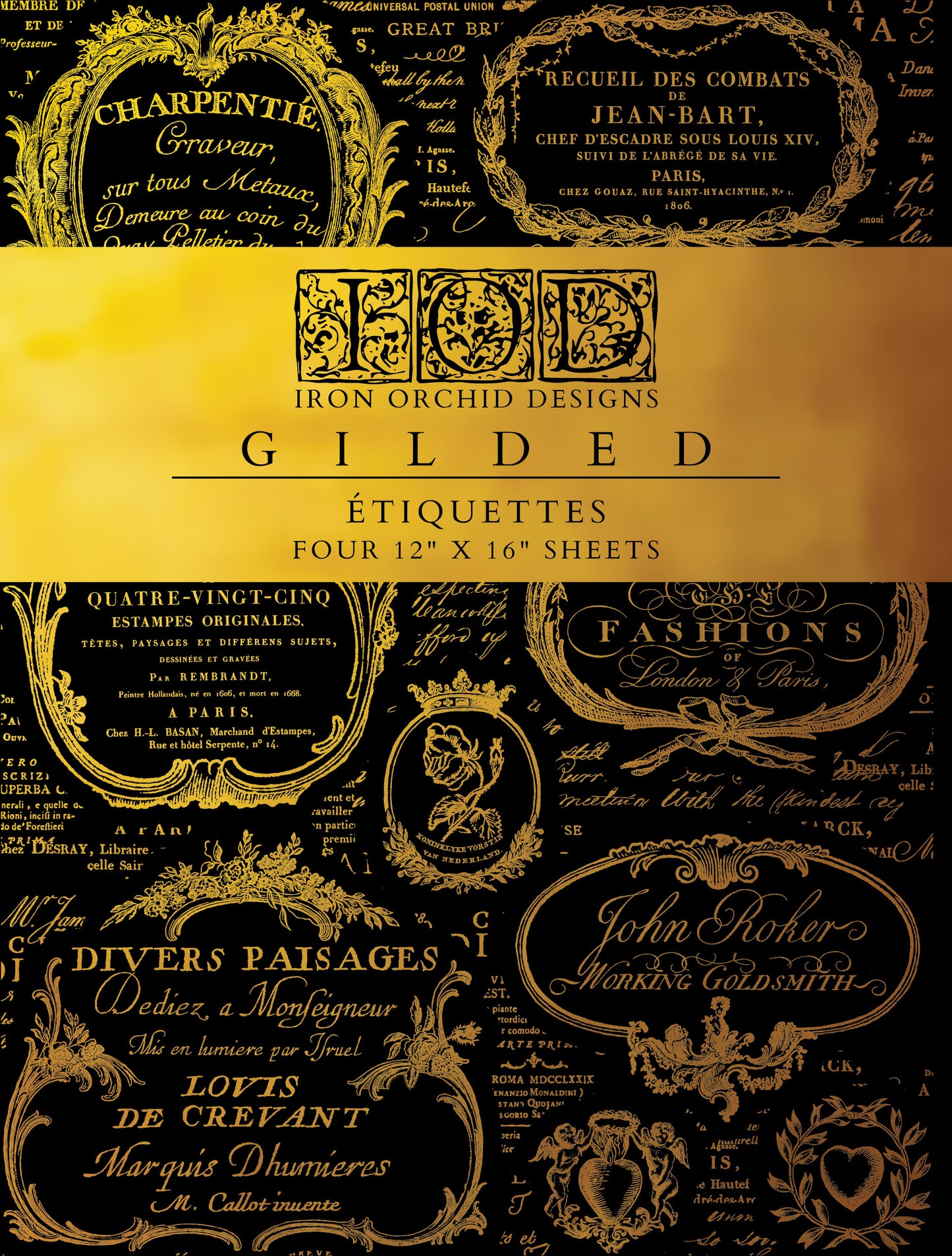 Étiquettes IOD Gold Foil Transfer Pad with (4) 12 X 16 Sheets by Iron Orchid Designs Rub-On Furniture Transfer Decal