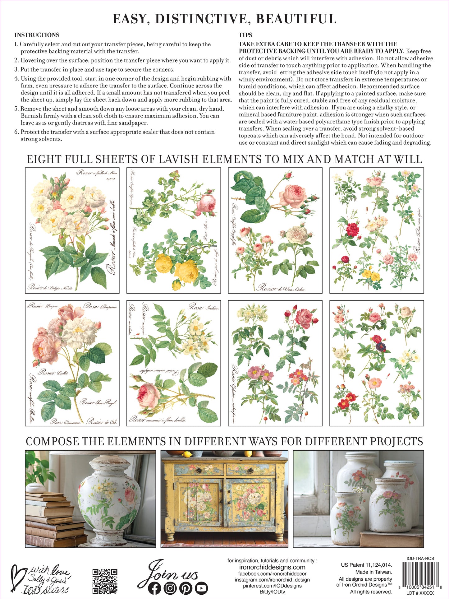 Rose Botanicals IOD Transfer Pad with (8) 12 X 16 Sheets by Iron Orchid Designs Rub-On Furniture Transfer Decal