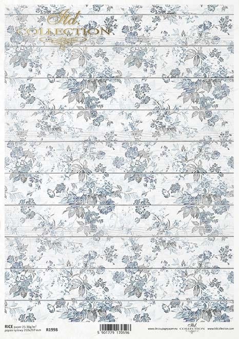 blue flower wallpaper motif on boards ITD Decoupage Rice Paper | Size A4 | 8.27x11.7 in | R1998