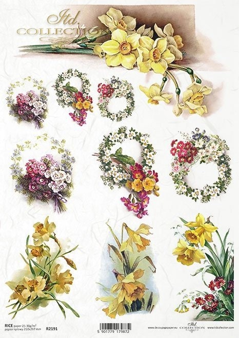 daffodils, spring flowers, primulas ITD Decoupage Rice Paper | Size A4 | 8.27x11.7 in | R2191
