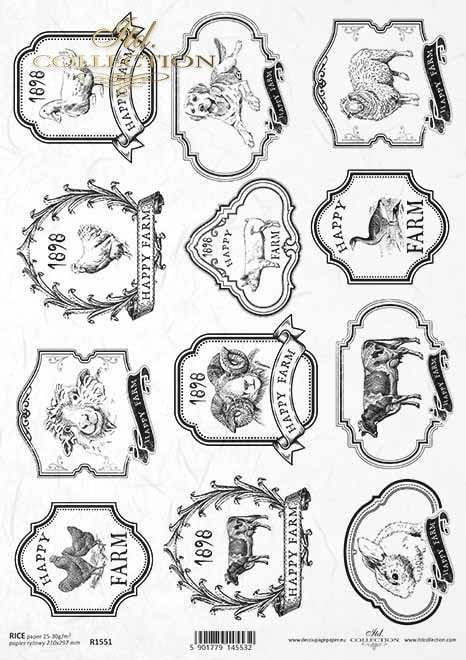 happy farm black and white ITD Decoupage Rice Paper | Size A4 | 8.27x11.7 in | R1551
