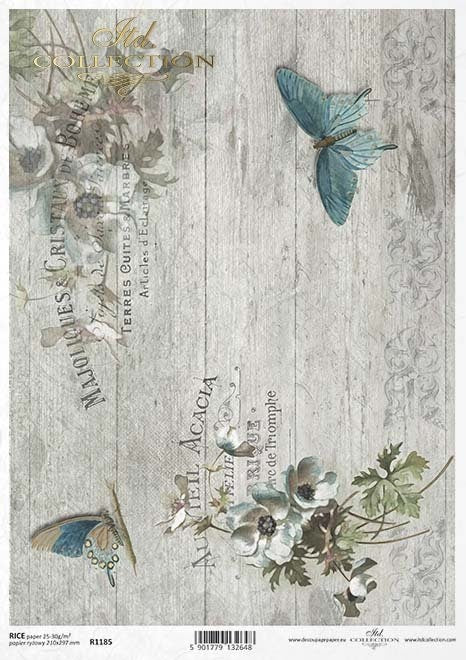 Vintage gray boards butterflies inscription ITD Decoupage Rice Paper | Size A4 | 8.27x11.7 in | R1185