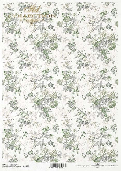 Green flower wallpaper motif ITD Decoupage Rice Paper | Size A4 | 8.27x11.7 in | R1996
