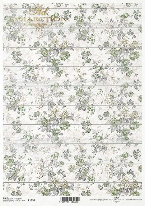 Green flower wallpaper motif on boards ITD Decoupage Rice Paper | Size A4 | 8.27x11.7 in | R1999