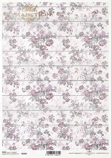 Pink fower wallpaper motif on boards ITD Decoupage Rice Paper | Size A4 | 8.27x11.7 in | R2000