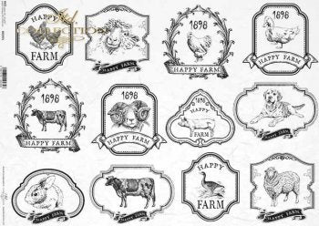 happy farm black and white ITD Decoupage Rice Paper | Size A3 | 16.5inch x 11.7inch | R0397L