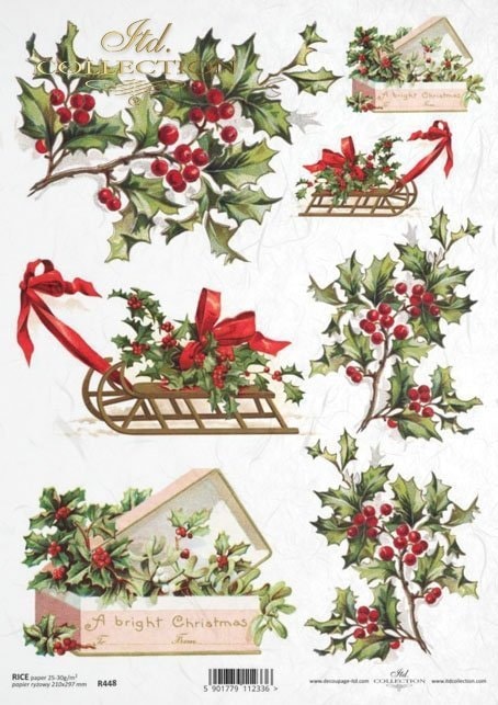 Christmas Holly Sled Mistletoe ITD Decoupage Rice Paper | Size A4 | 8.27x11.7 in | R0448