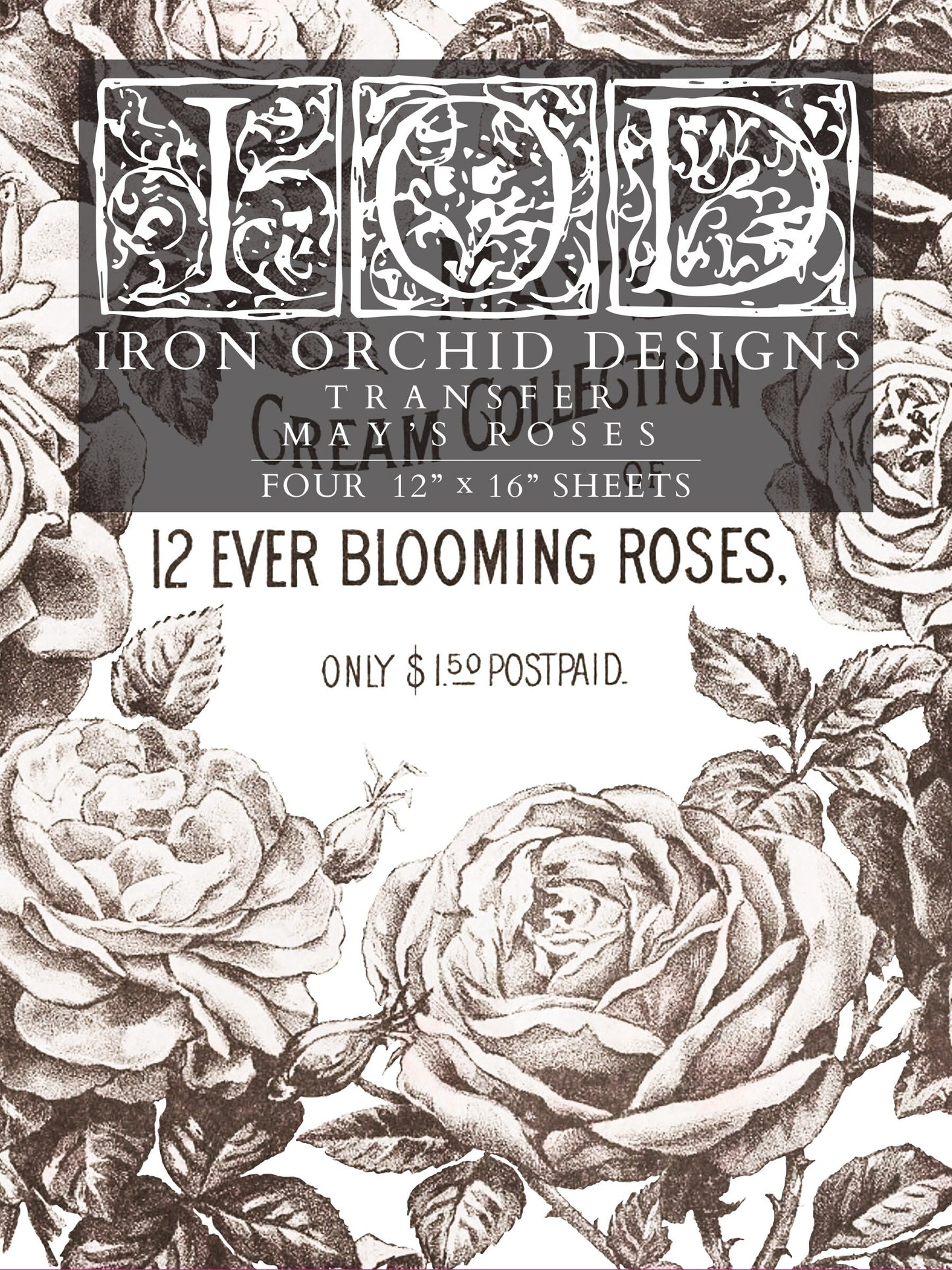 May's Roses IOD Transfer Pad with (4) 12 X 16 Sheets by Iron Orchid Designs Rub-On Furniture Transfer Decal - New Release