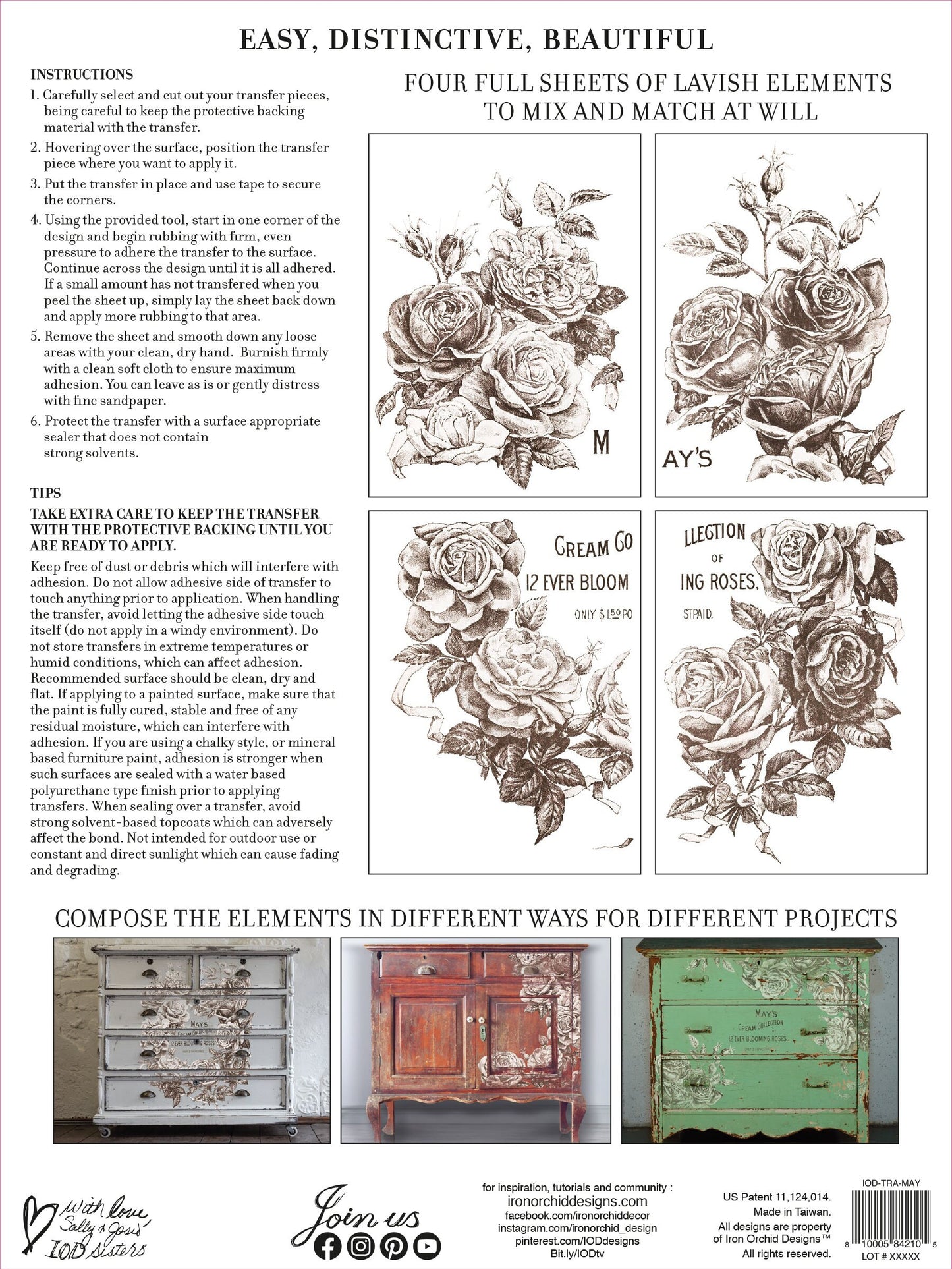 May's Roses IOD Transfer Pad with (4) 12 X 16 Sheets by Iron Orchid Designs Rub-On Furniture Transfer Decal - New Release