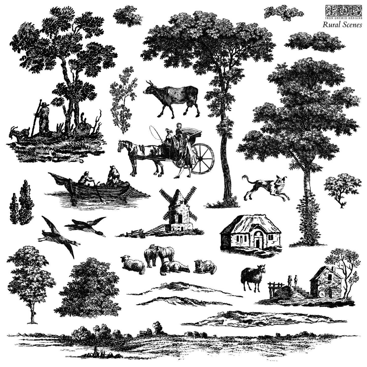 Rural Scenes 12 X 12 IOD stamp 2 sheets - by Iron Orchid Designs