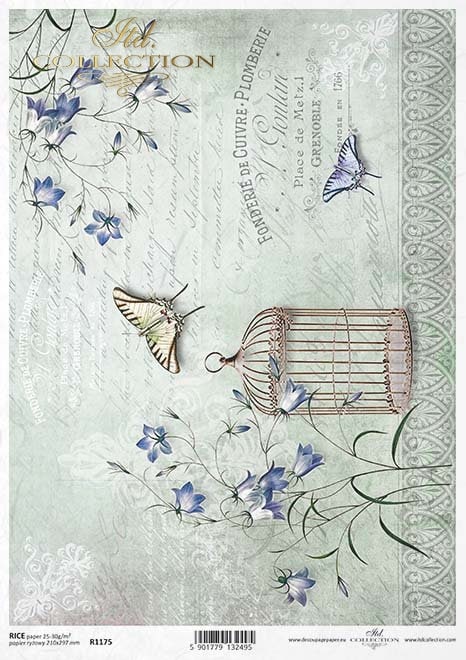 Butterflies Bird Cage Blue Bells ITD Collection decoupage paper | Size Paper A4 - 210x297 mm | 8.27x11.7 in | paper weight 30-35 gsm R1175
