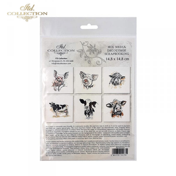 Pig, hog, sheep, cow ITD Collection decoupage paper | 6 sheets of rice paper 6" x 6" each 6 different designs in one package
