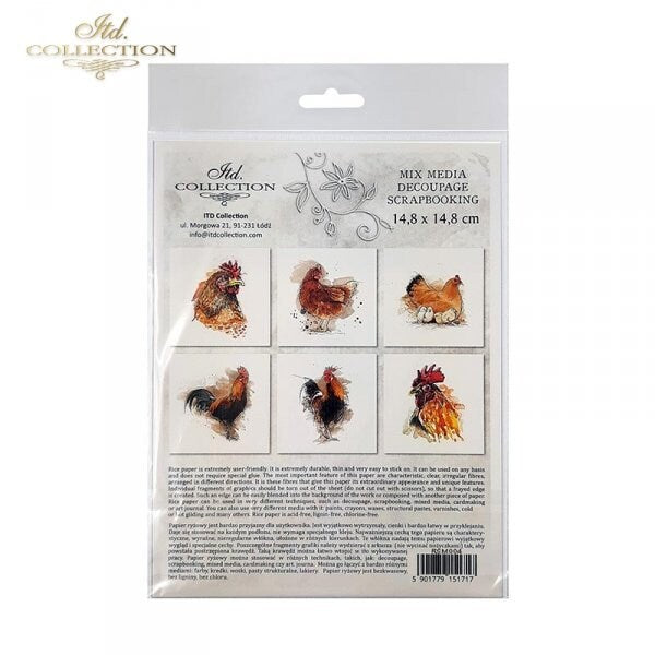 chickens, chickens, cocks ITD Collection decoupage paper | 6 sheets of rice paper 6" x 6" each 6 different designs in one package