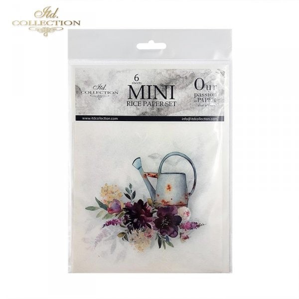 Flowers, watering can ITD Collection decoupage paper | 6 sheets of rice paper 6" x 6" each 6 different designs in one package