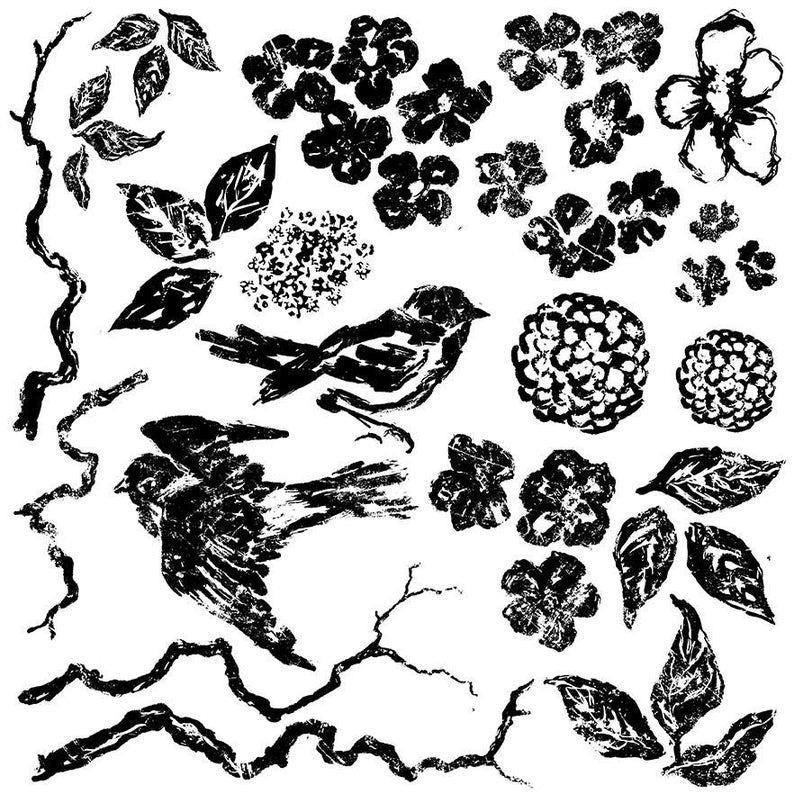 Birds Branches blossoms 12 x 12 IOD stamp - by Iron Orchid Designs