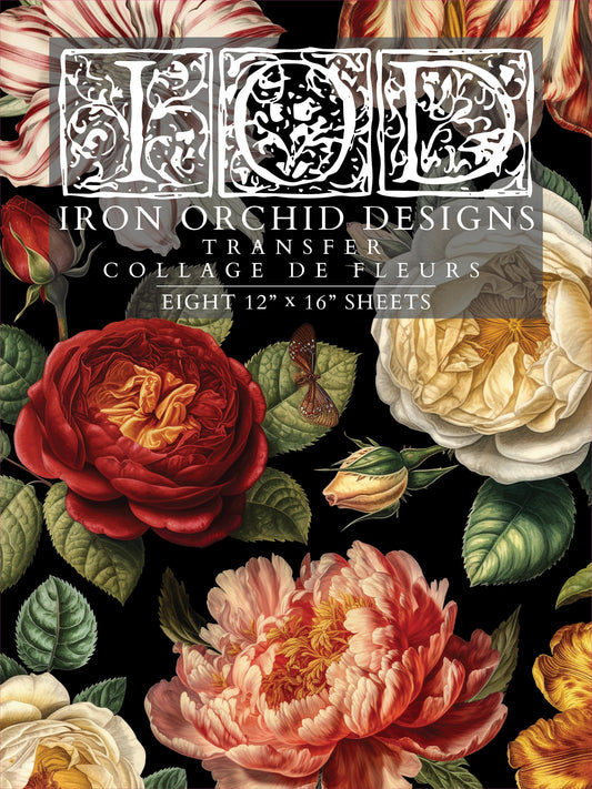 Collage De Fleurs IOD Transfer Pad with (8) 12 X 16 Sheets by Iron Orchid Designs Rub-On Furniture Transfer Decal
