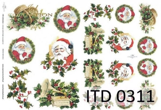 Christmas Paper Santas and Holly ITD Decoupage Paper | Size A4 | 8.27x11.7 in | D0311M