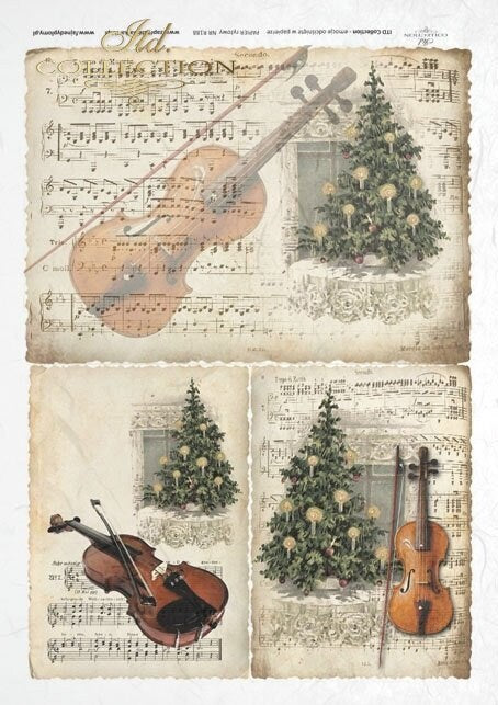 Christmas Music Tree and Violin ITD Decoupage Rice Paper | Size A4 | 8.27x11.7 in | R0188