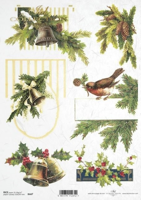 Mistletoe Bell Cardinals ITD Decoupage Rice Paper | Size A4 | 8.27x11.7 in | R0447