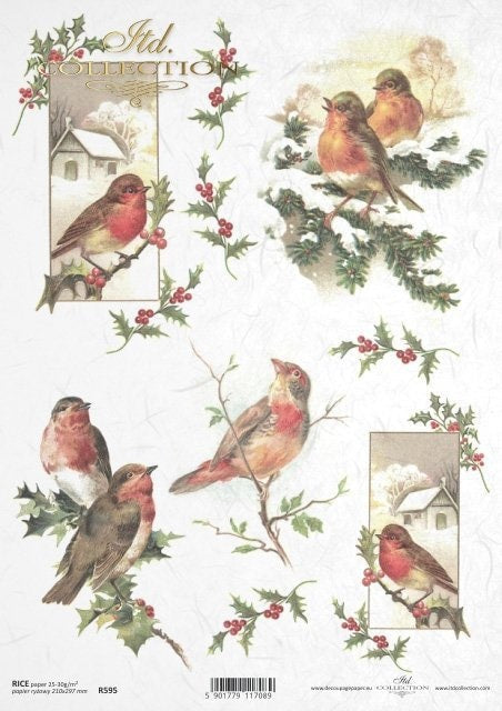 Christmas Cardinals and Holly ITD Decoupage Rice Paper | Size A4 | 8.27x11.7 in | R0595