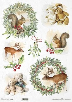 Christmas wreaths teddy bears raindeer ITD Decoupage Rice Paper | Size A3 | 16.5inch x 11.7inch | R0485L