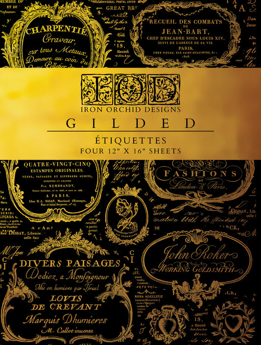 Étiquettes IOD Gold Foil Transfer Pad with (4) 12 X 16 Sheets by Iron Orchid Designs Rub-On Furniture Transfer Decal
