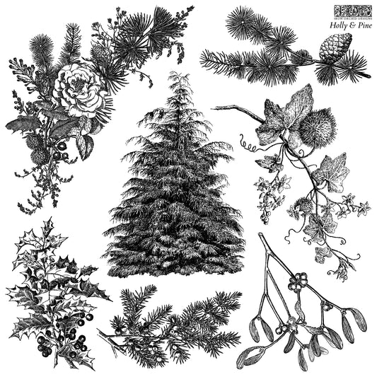 Holly & Pine 12 x 12 IOD stamp - by Iron Orchid Designs - 2025 Limited Holiday Release