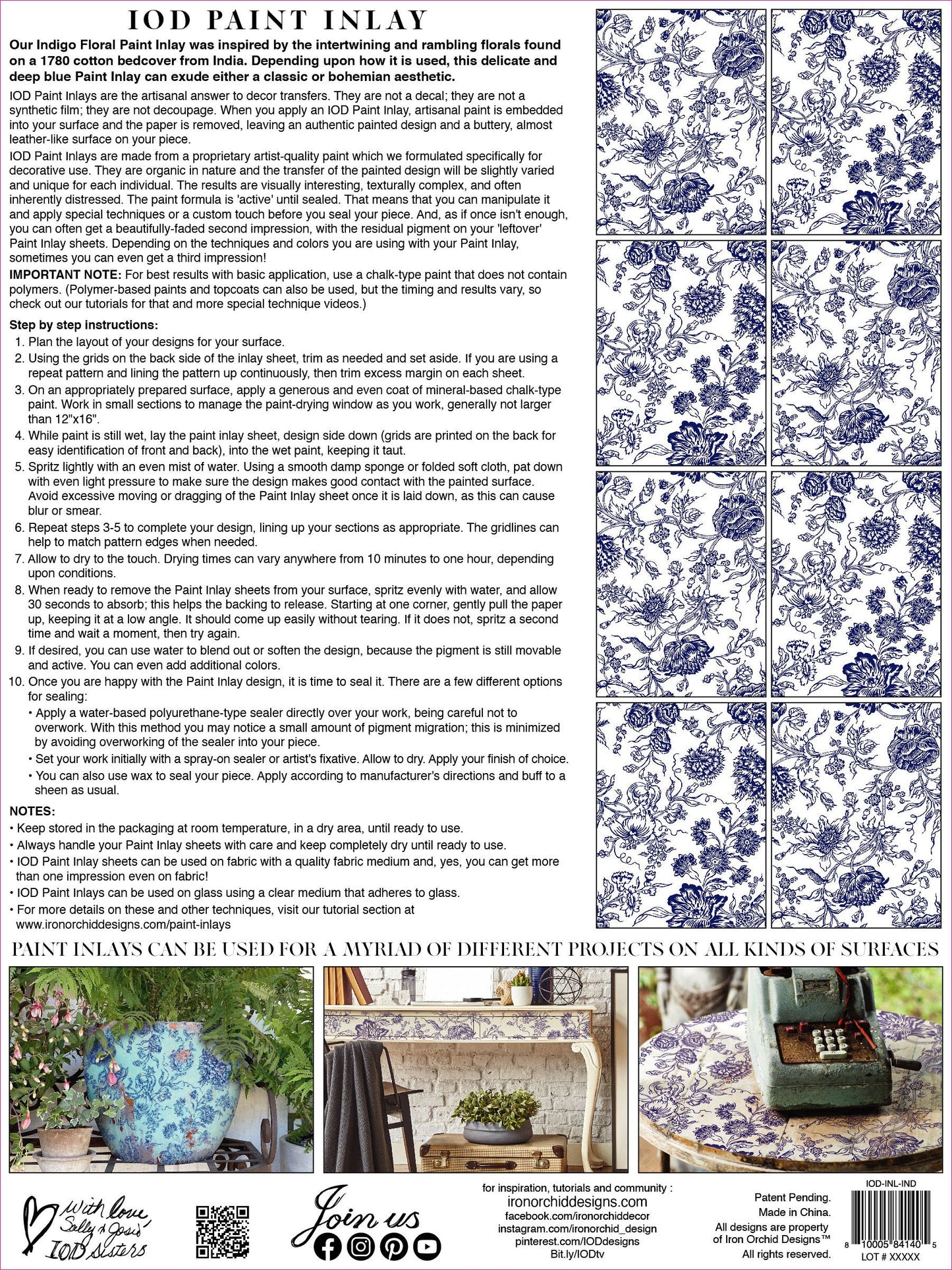 Indigo Floral IOD Paint Inlay by Iron Orchid Design (8) 12 X 16 Sheets - Limited Release