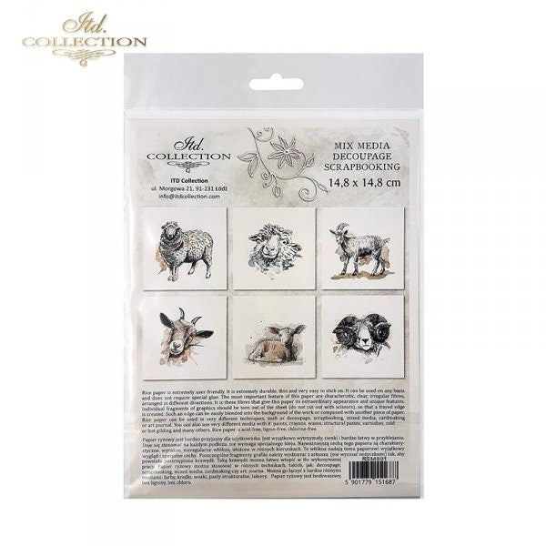 Sheep, goats, rams ITD Decoupage Rice Paper | 6 (6x6 in sheets) 6 designs in pack | RSM001