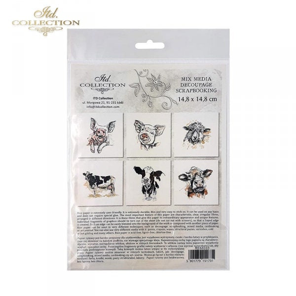 Pig, hog, sheep, cow ITD Decoupage Rice Paper | 6 (6x6 in sheets) 6 designs in pack | RSM003