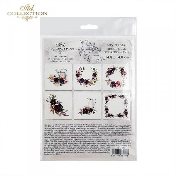 Flowers, watering can ITD Decoupage Rice Paper |6 (6x6 in sheets) 6 designs in pack | RSM019