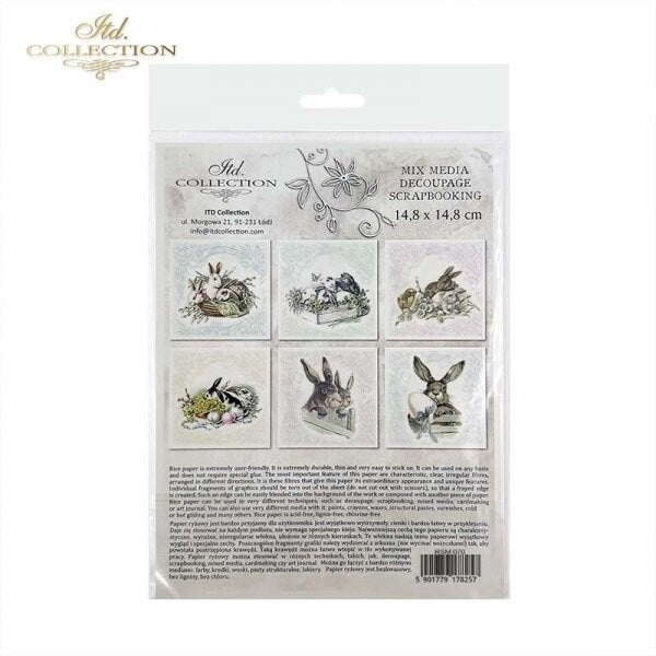 Vintage easter bunnies ITD Decoupage Rice Paper | 6 (6x6 in sheets) 6 designs in pack | RSM070