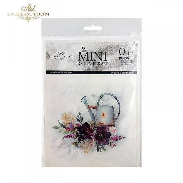 Flowers, watering can ITD Decoupage Rice Paper |6 (6x6 in sheets) 6 designs in pack | RSM019