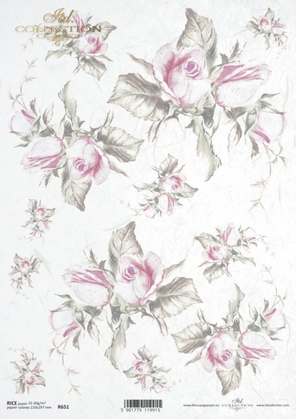 Roses Light Pink ITD Decoupage Rice Paper | Size A4 | 8.27x11.7 in | R0651
