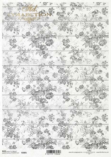 Gray flower wallpaper motif on boards ITD Decoupage Rice Paper | Size A4 | 8.27x11.7 in | R2001