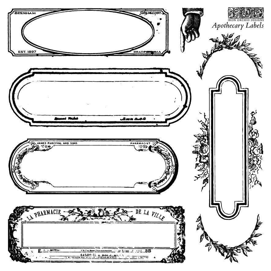 Apothecary Labels and Letters IOD stamp 4 sheets 6 X 6 - by Iron Orchid Designs