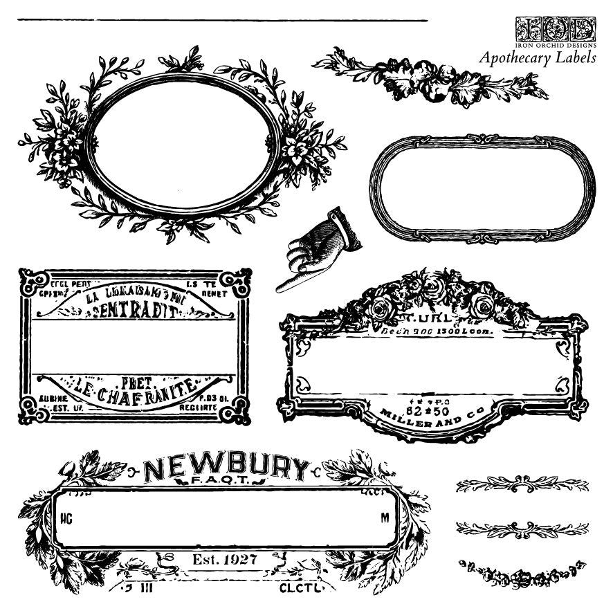 Apothecary Labels and Letters IOD stamp 4 sheets 6 X 6 - by Iron Orchid Designs