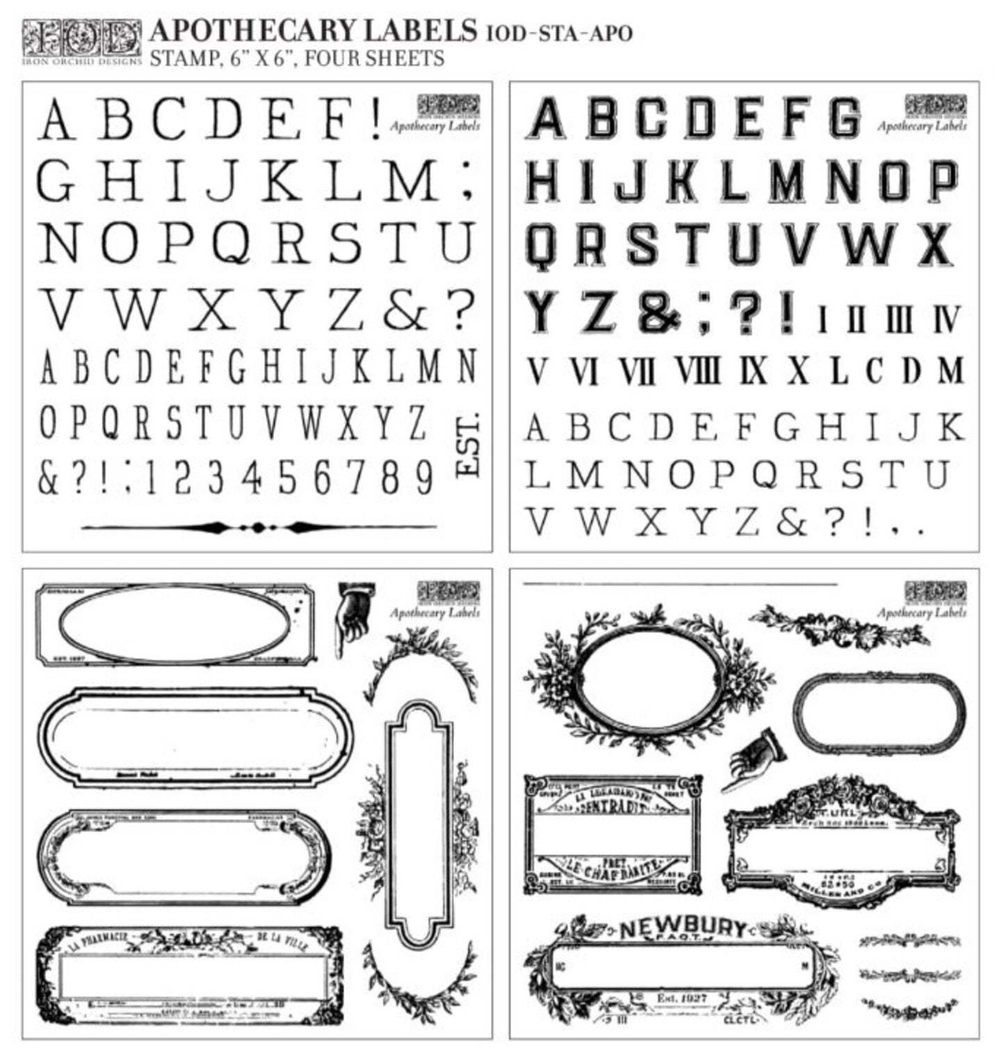 Apothecary Labels and Letters IOD stamp 4 sheets 6 X 6 - by Iron Orchid Designs