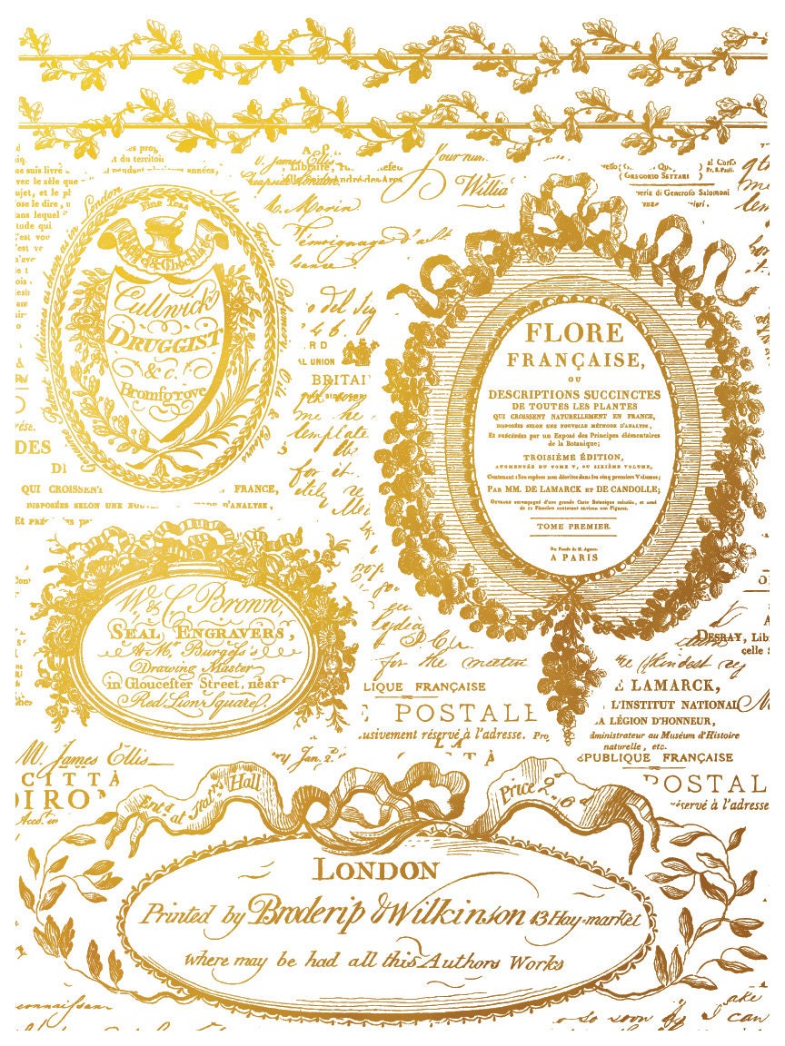 Etiquettes IOD Gold Foil Transfer Pad with (4) 12 X 16 Sheets by Iron Orchid Designs Rub-On Furniture Transfer Decal