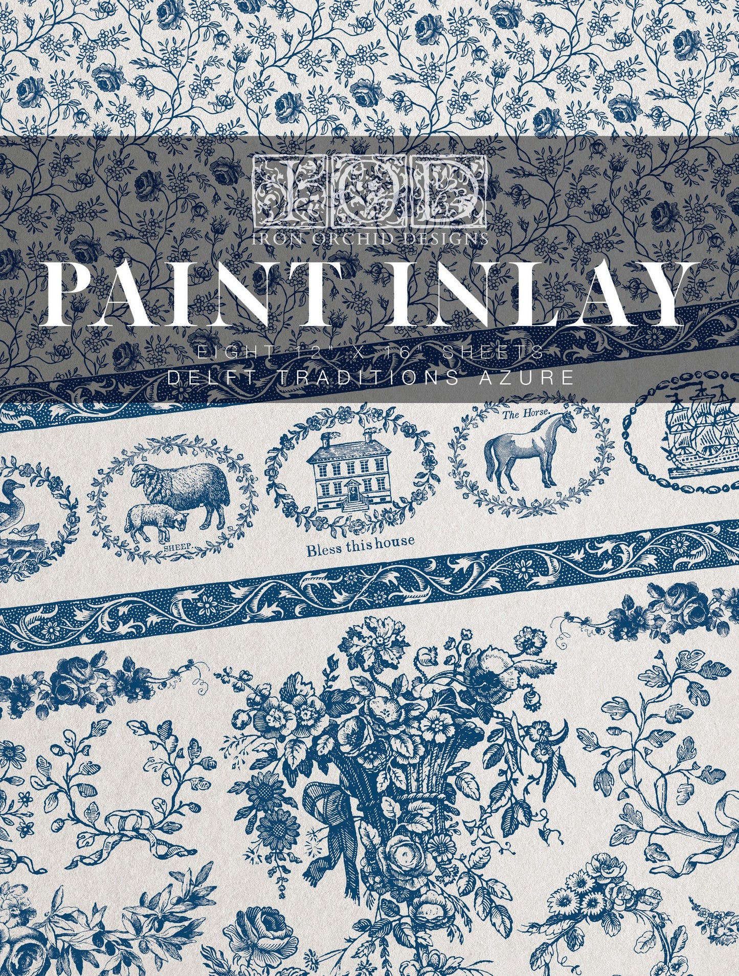Delft Traditions Azure IOD Paint Inlay by Iron Orchid Design (8) 12 X 16 Sheets- Limited Release