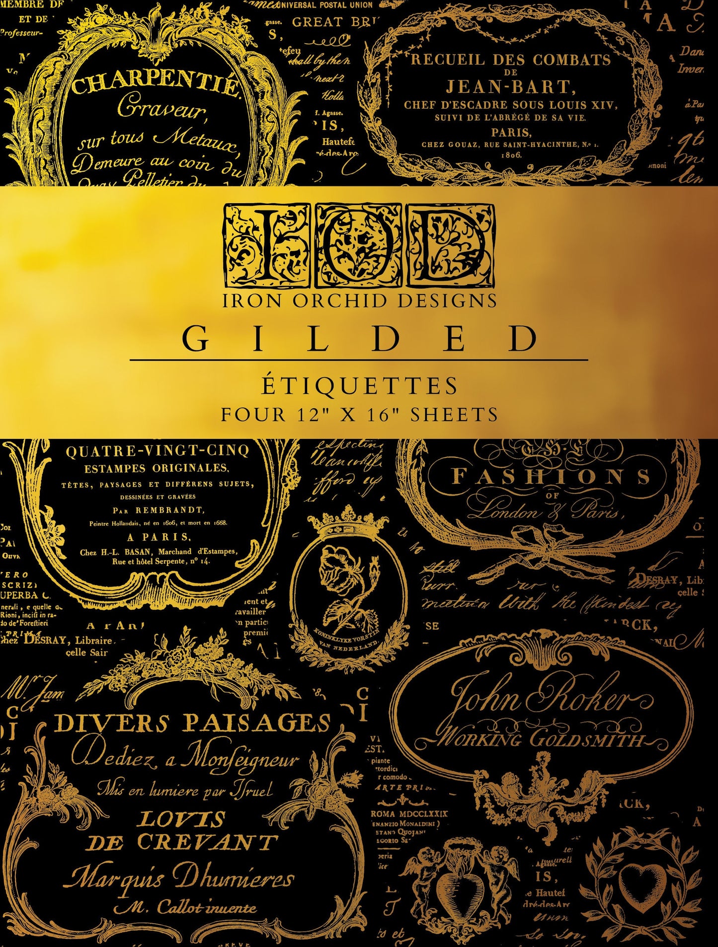 Etiquettes IOD Gold Foil Transfer Pad with (4) 12 X 16 Sheets by Iron Orchid Designs Rub-On Furniture Transfer Decal