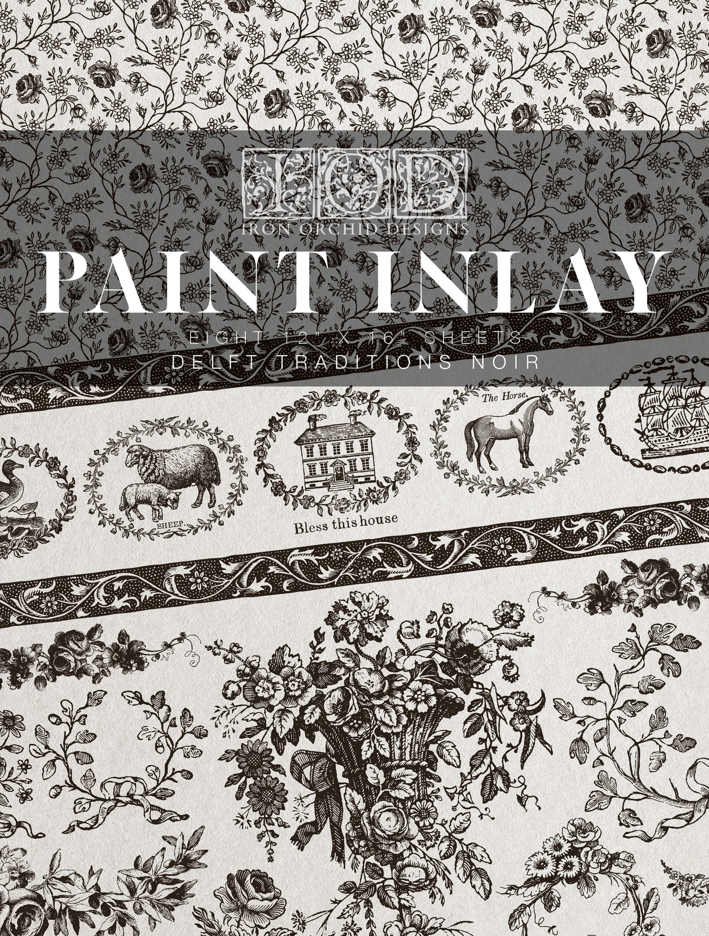Delft Traditions Noir IOD Paint Inlay by Iron Orchid Design (8) 12 X 16 Sheets - Limited Release