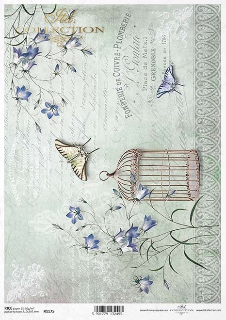Butterflies Bird Cage Blue Bells  ITD Collection decoupage paper | Size Paper A4 - 210x297 mm | 8.27x11.7 in | paper weight 30-35 gsm R1175