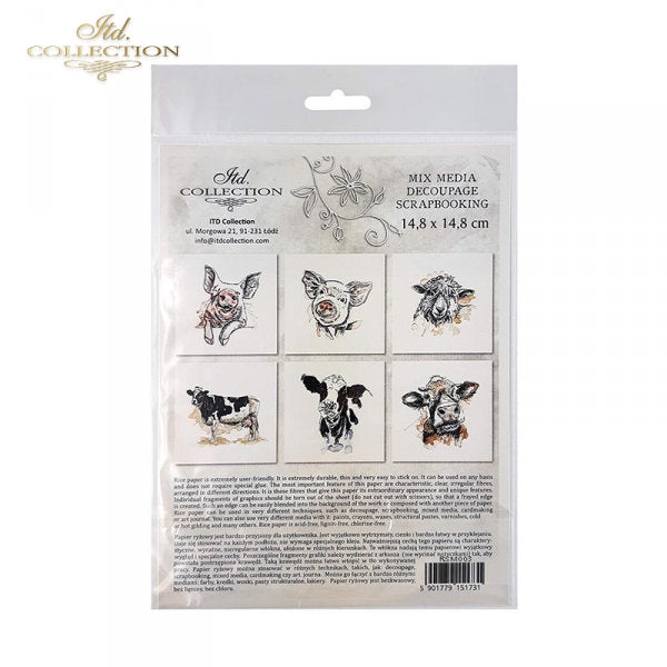 Pig, hog, sheep, cow ITD Collection decoupage paper |  6 sheets of rice paper 6" x 6" each 6 different designs in one package